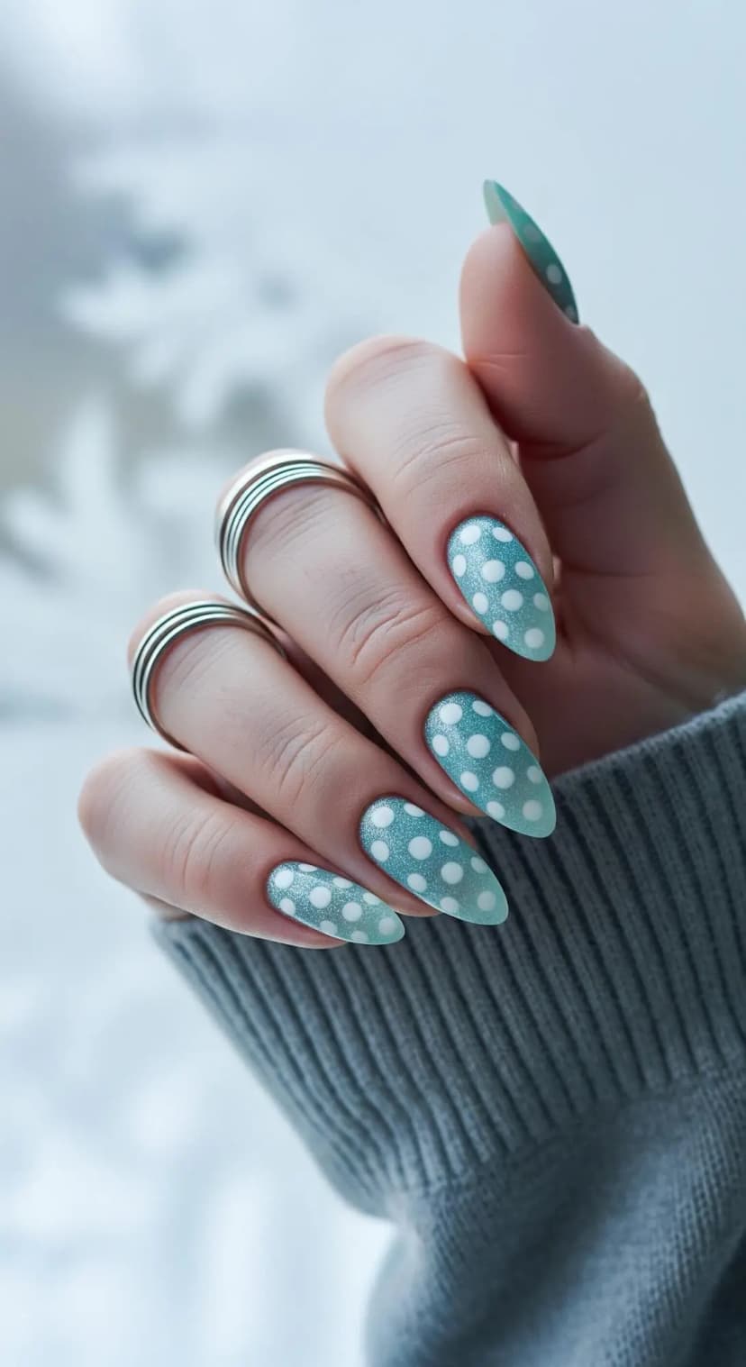 Aqua Blue Glitter Polka Dot Nails