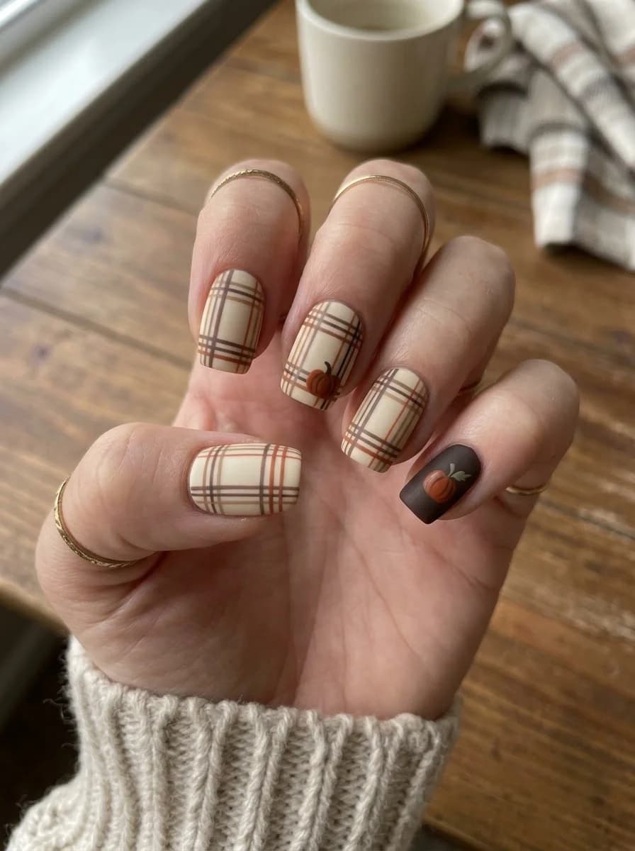 Heritage Plaid Pumpkin Nails with subtle pumpkin accents on square nails
