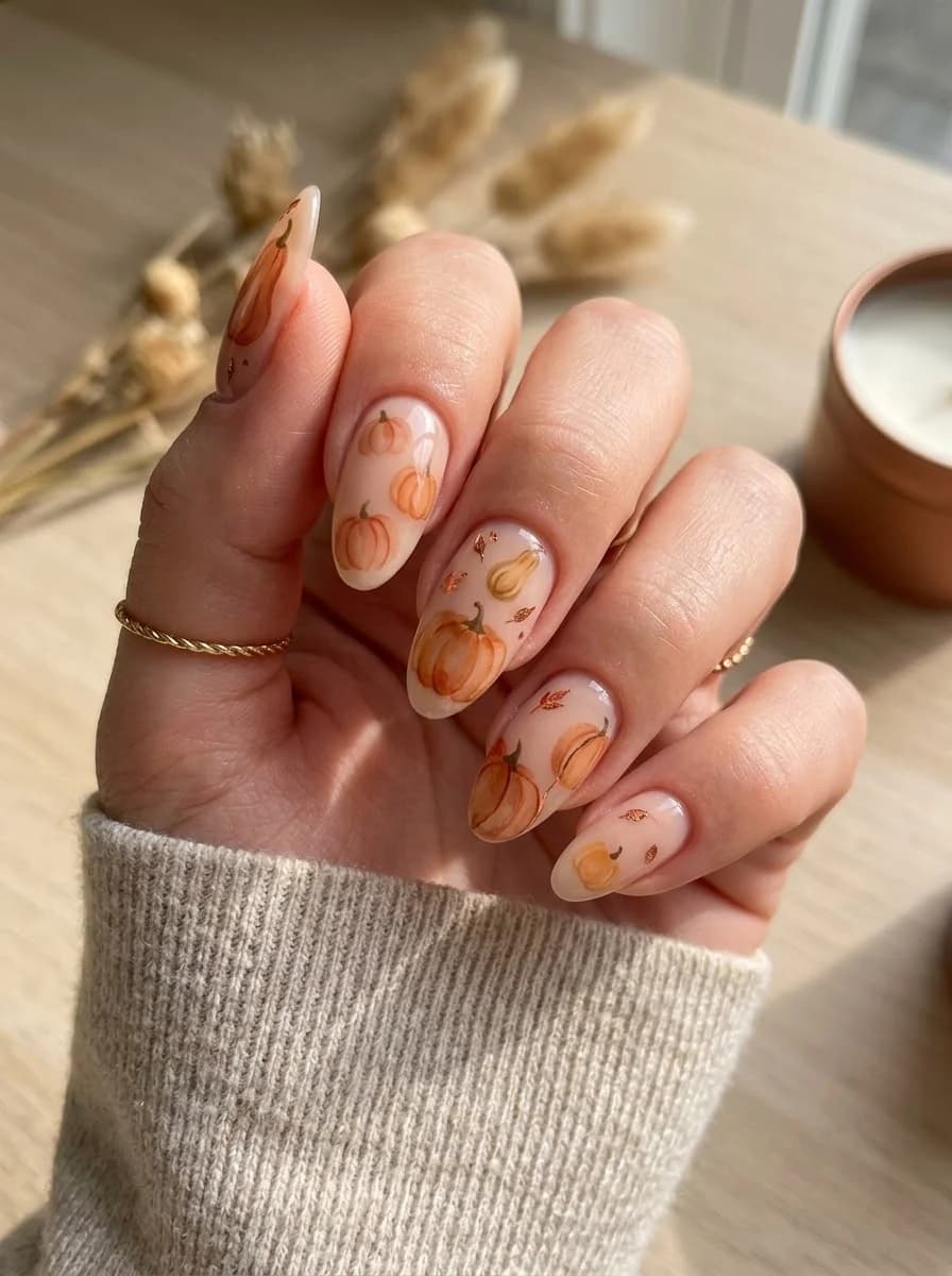 Watercolor Pumpkin Scatter on sheer nude nails with tiny leaves
