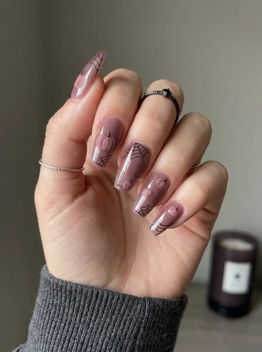 Mauve Pumpkin Cobweb Nails