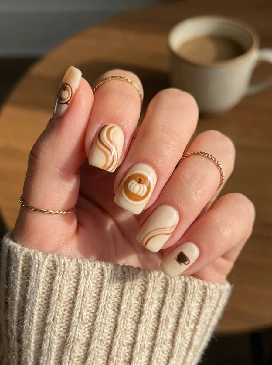 Pumpkin Spice Latte Swirl Nails with warm ivory base, caramel swirls, and miniature coffee cup