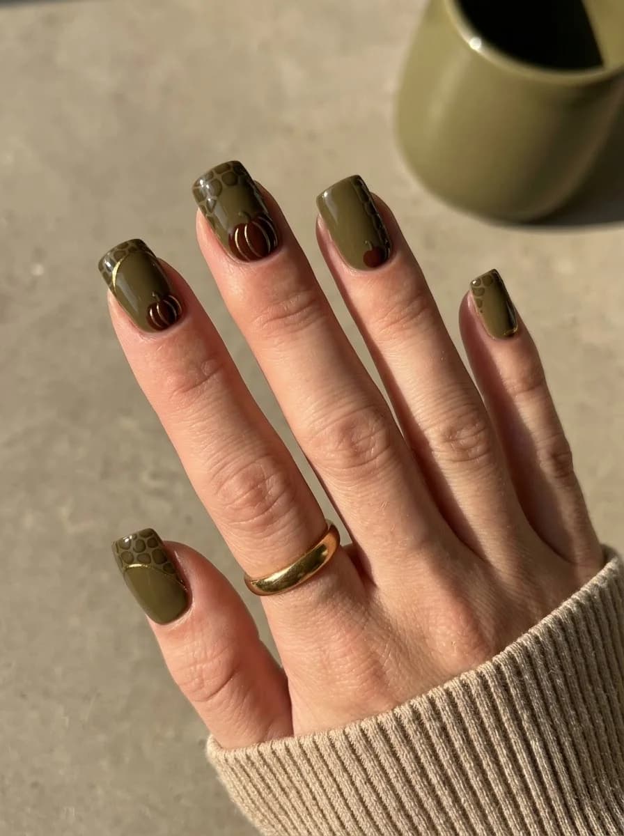 Olive Tortoiseshell Pumpkin Nails with muted olive green, glossy chocolate pumpkins, and tortoiseshell tips