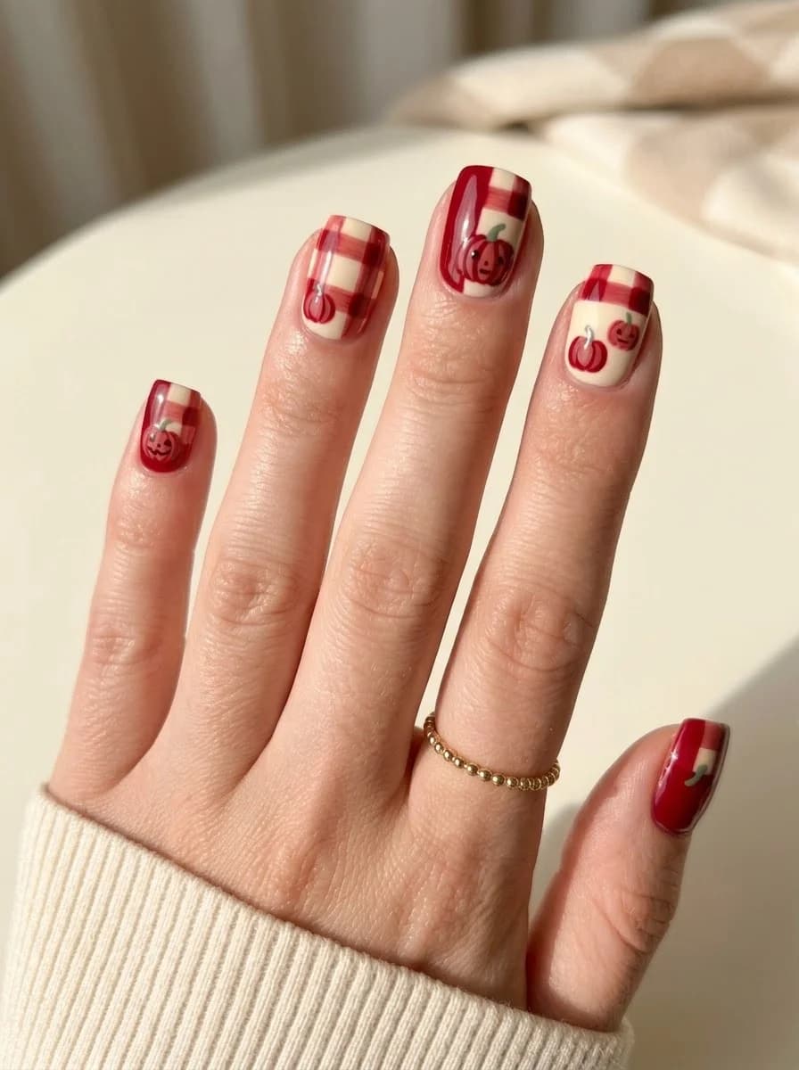 Apple-Red Pumpkin Plaid manicure with red plaid and orange pumpkin details