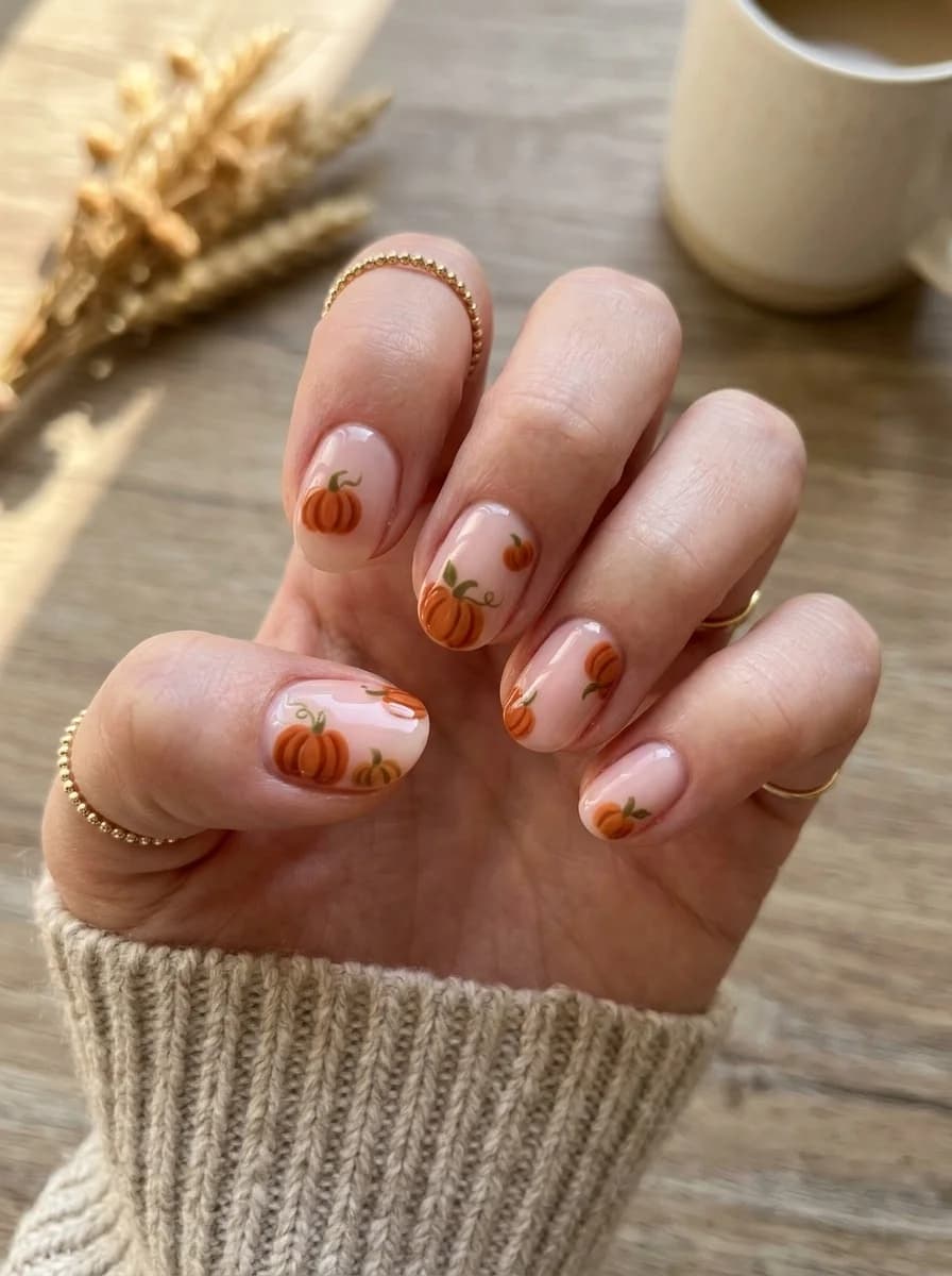 Tiny Pumpkin Patch Nude Nails with sheer blush-nude base and miniature orange pumpkins