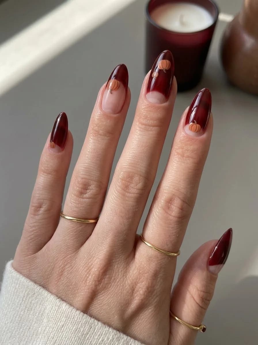 Merlot Pumpkin French Nails with translucent nude base, wine-colored tips, and small pumpkin accents