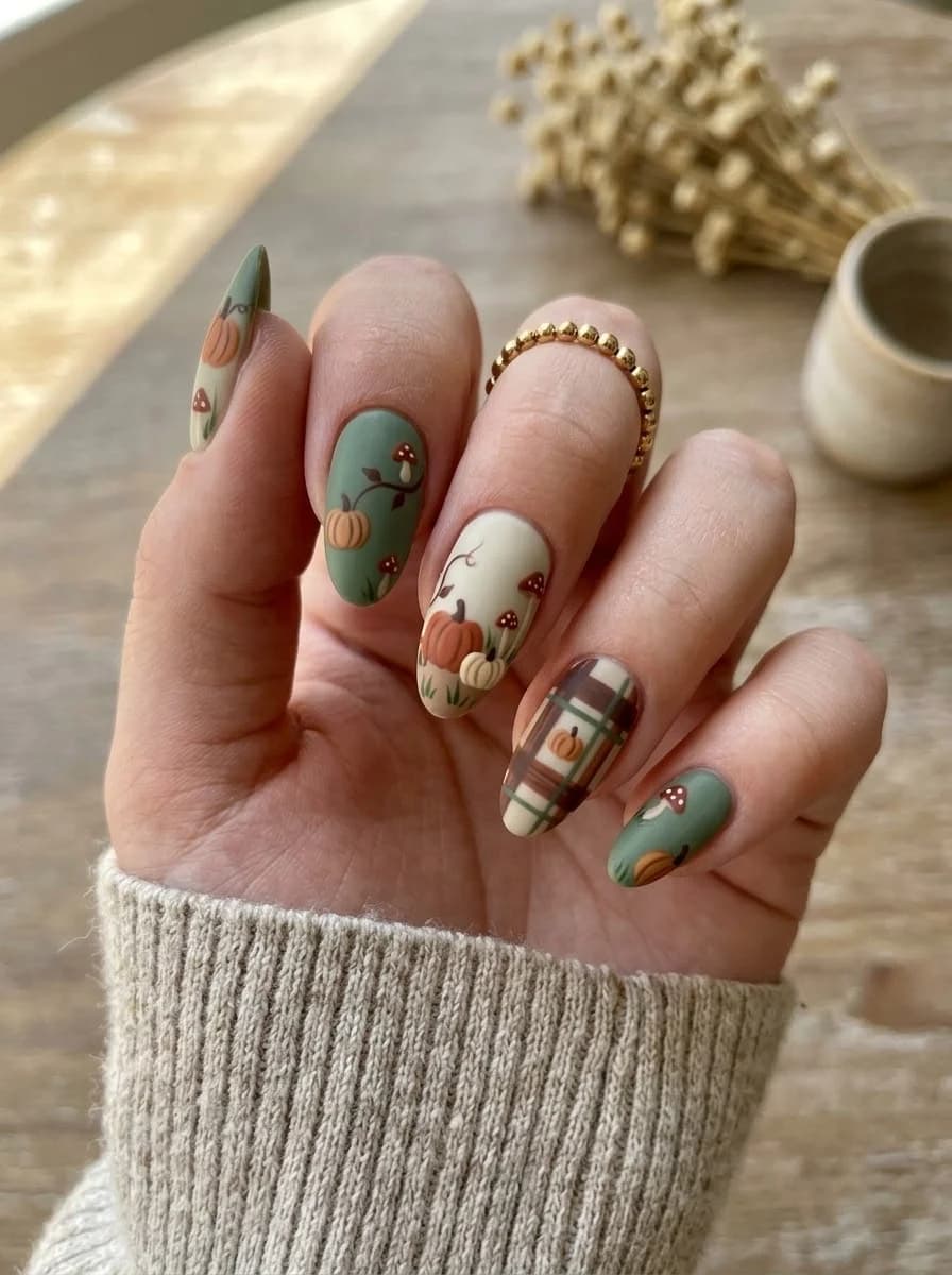 Woodland Pumpkin & Mushroom Nails with sage green, miniature pumpkins, red mushrooms, and plaid