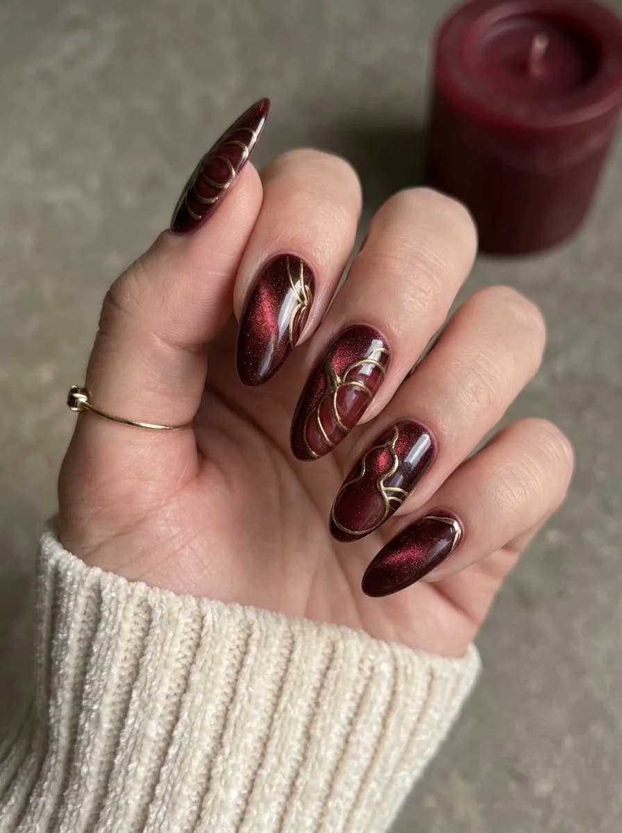 Garnet Gold-Swirl Pumpkin Nails with garnet cat-eye polish and metallic-gold pumpkin contours