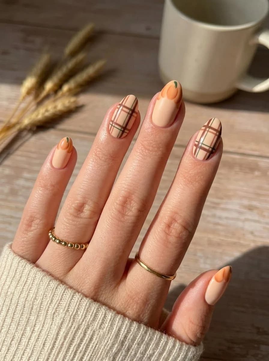 Pumpkin Patch Plaid French tips with nude base and tiny pumpkin accents