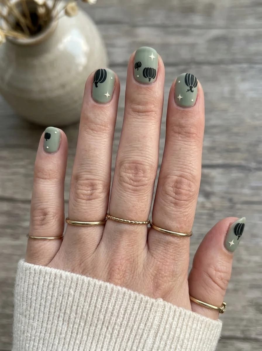 Midnight Sage Pumpkins manicure with sage green base and black pumpkin silhouettes