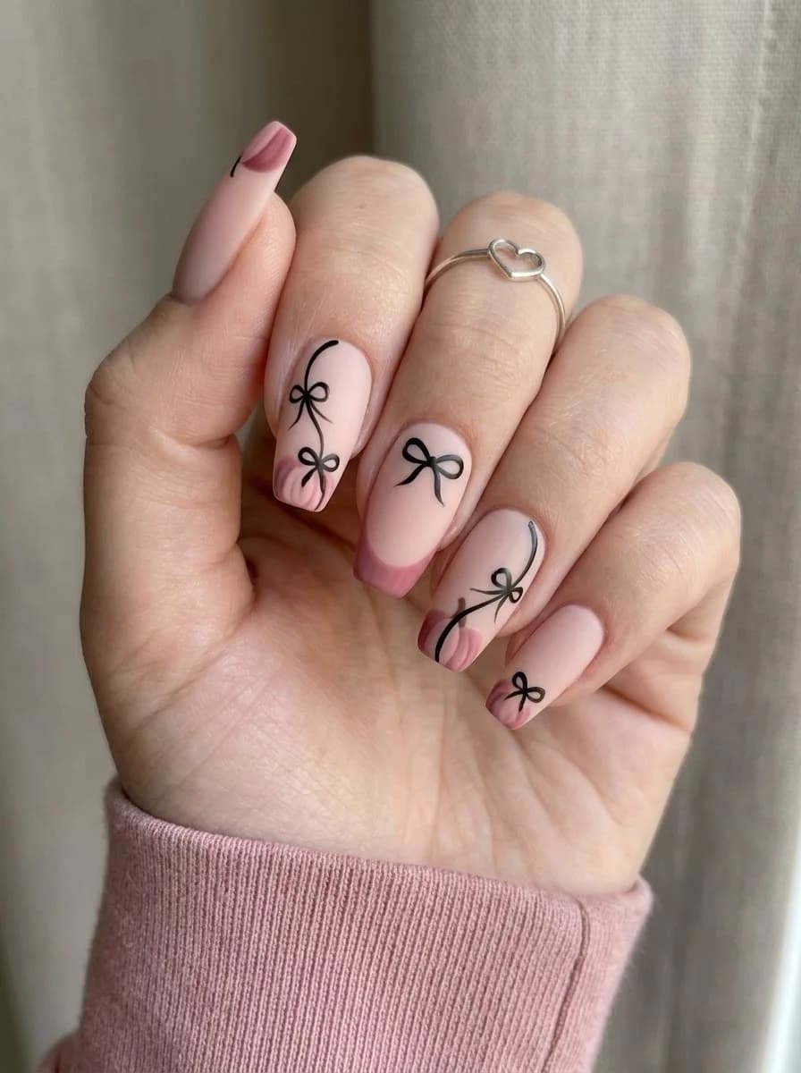 Blush Bow & Pumpkin French Nails with black ribbon bows on every nail and pumpkin French tips