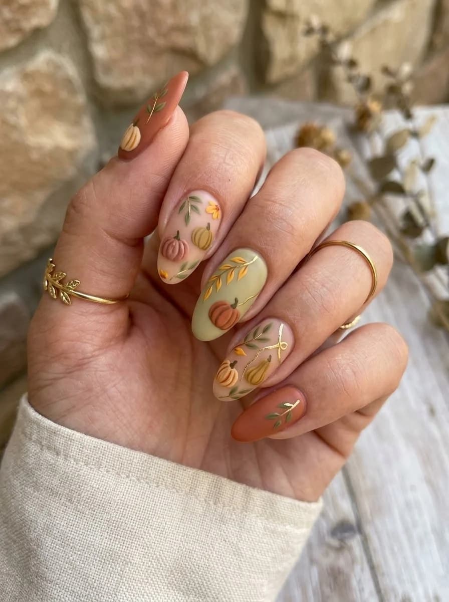 Harvest Garden Pumpkin Nails with earthy colors and botanical leaf accents
