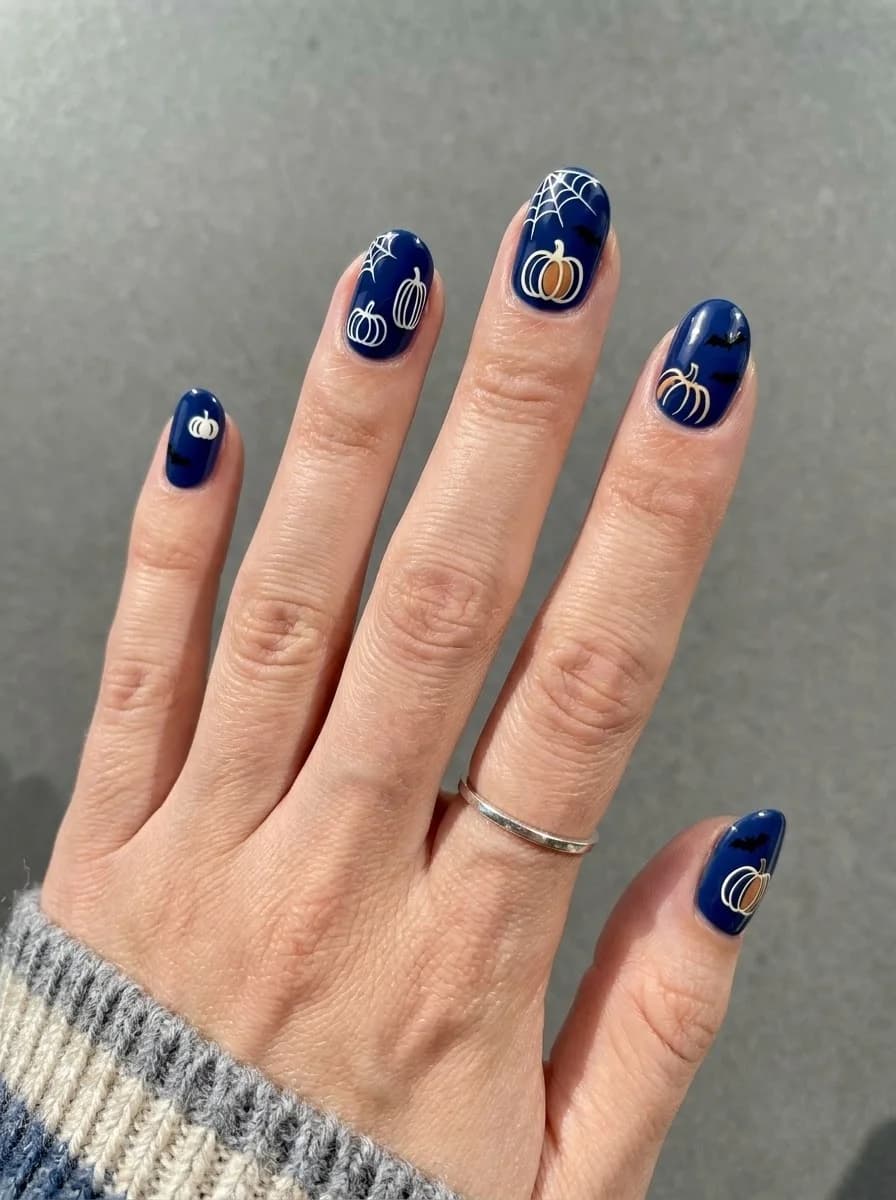 Midnight Pumpkin & Spiderweb Nails on a glossy navy blue base