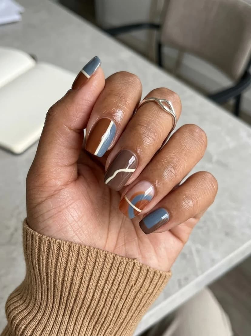 Brown and Blue Abstract Block Nails
