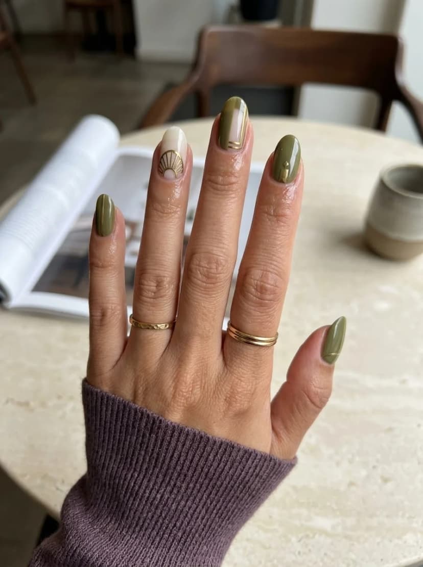 Olive Green with Gold Shell Accent
