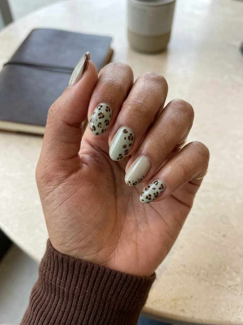 Sage Green Leopard Print Nails