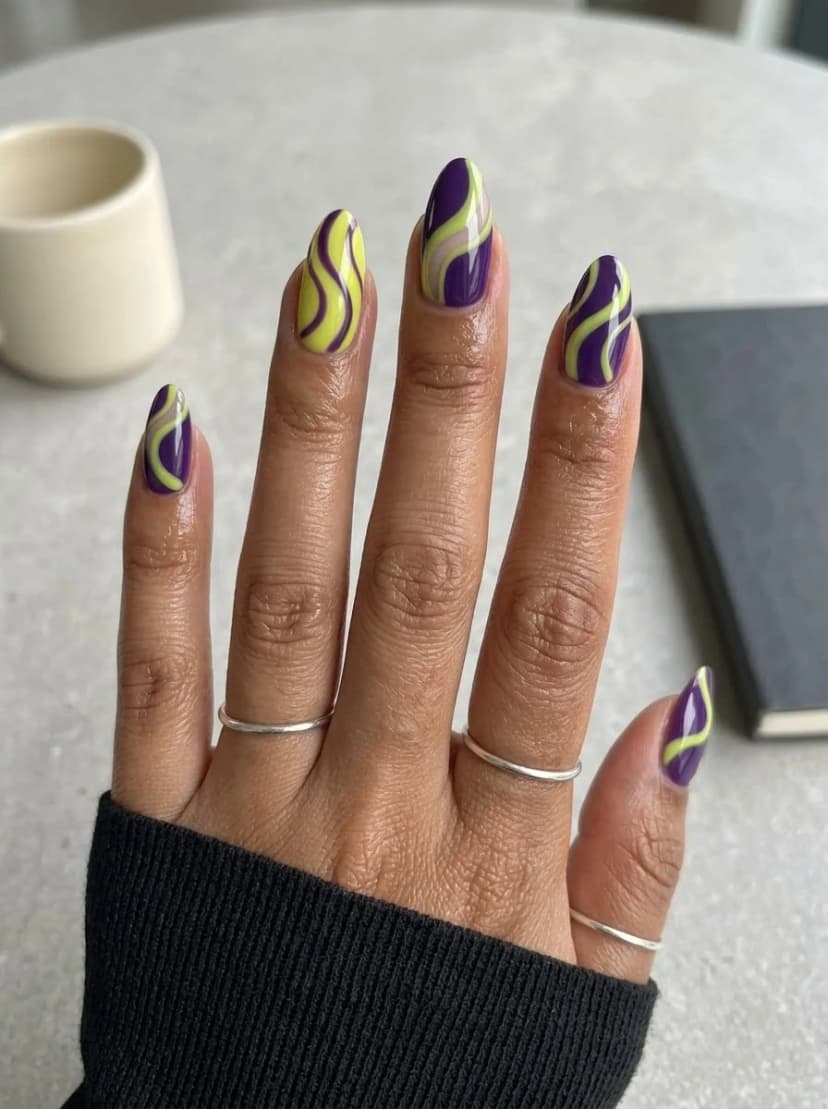 Purple and Lime Swirl Nails