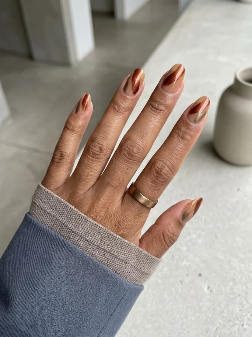 Bronze and Brown Chrome Swirl Nails