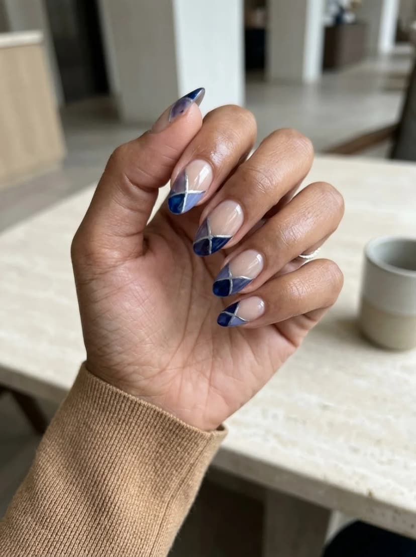 Navy Blue Geometric Section Nails