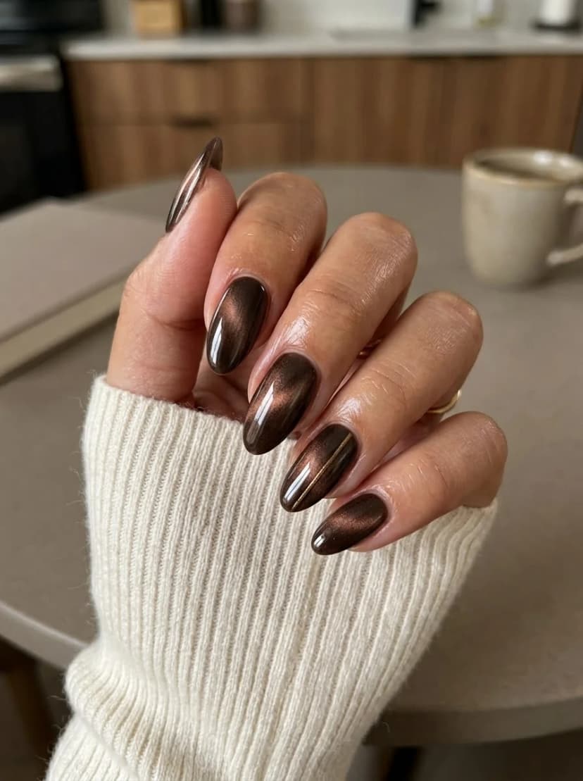 Brown Cat-Eye Chrome Nails