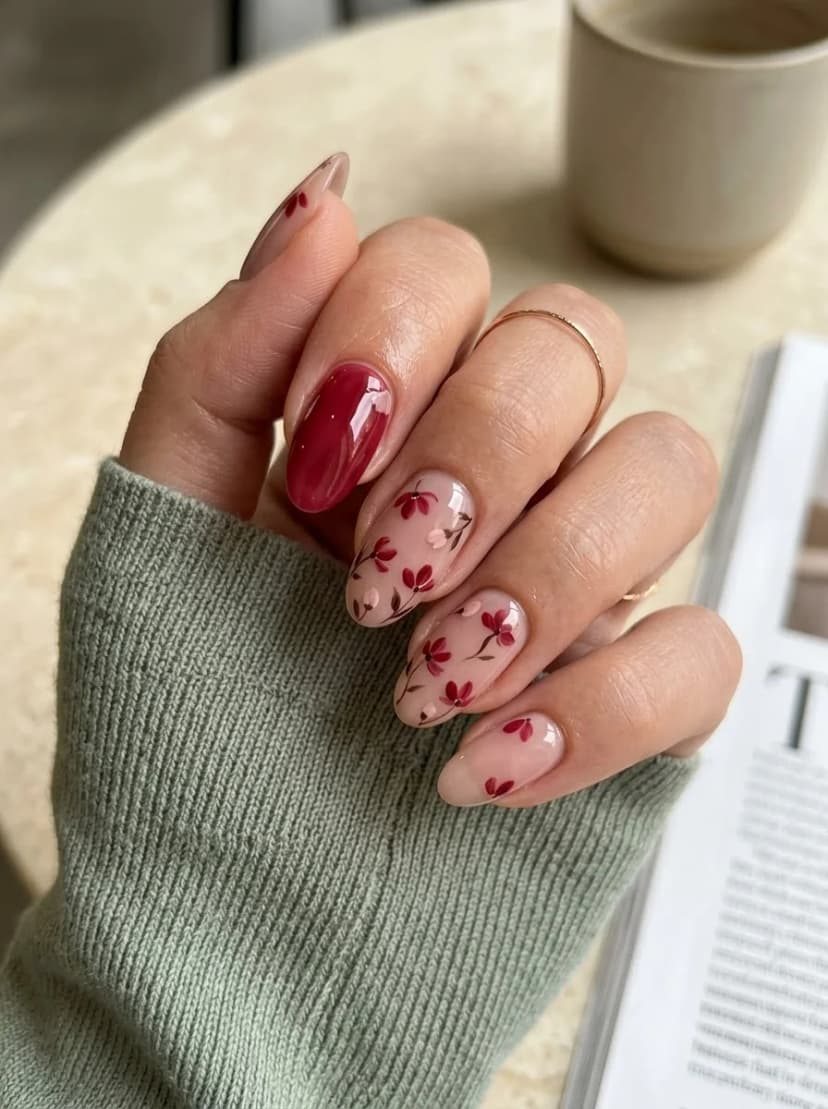 Burgundy Petal Accent Nails