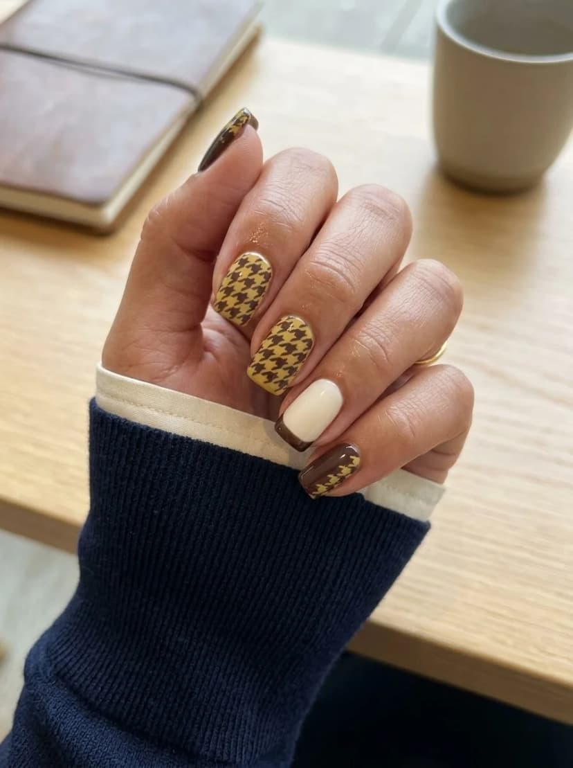 Brown and Mustard Houndstooth Nails