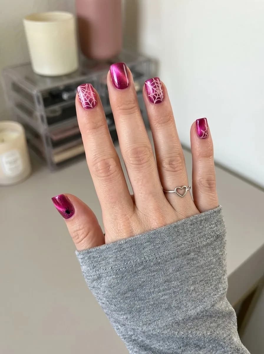 Glossy pink chrome square nails with white spider web designs and a small black spider accent