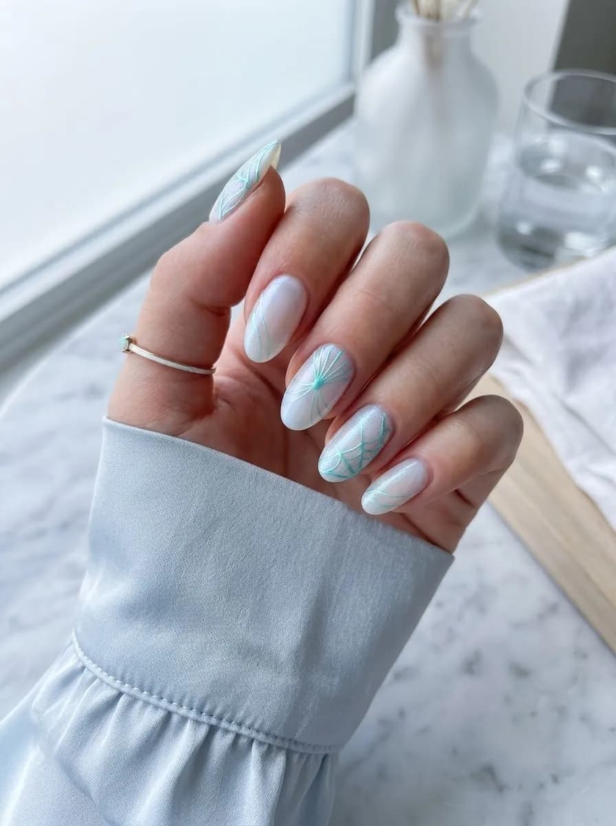 Pearl white cat-eye nails with mint green spider web designs