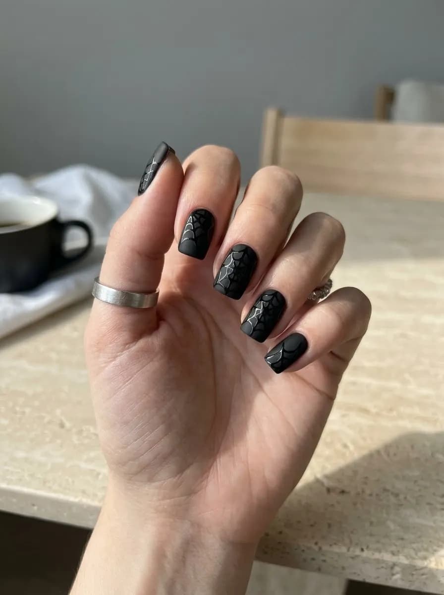Matte black short square nails with tone-on-tone black spider web designs