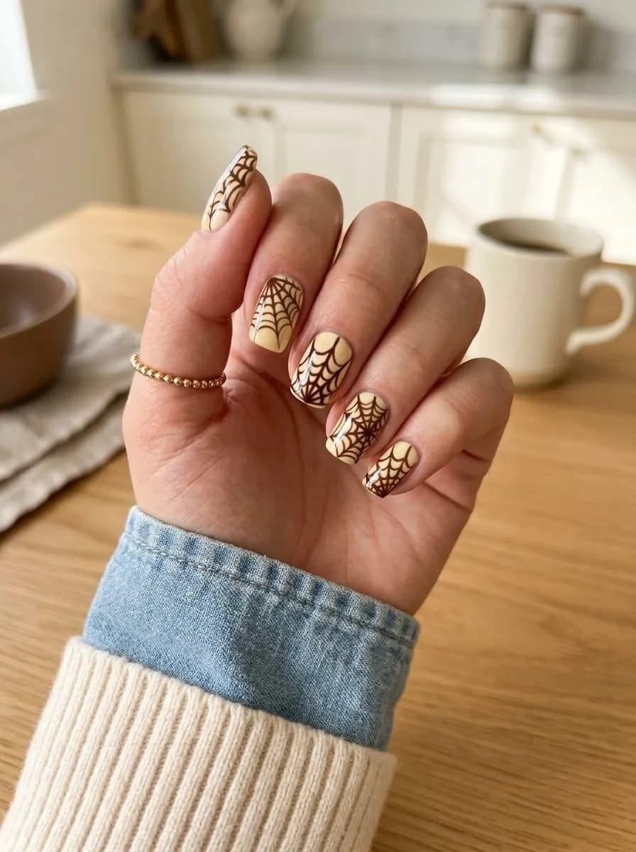 Light yellow nails with hand-painted dark brown spider web designs on each nail