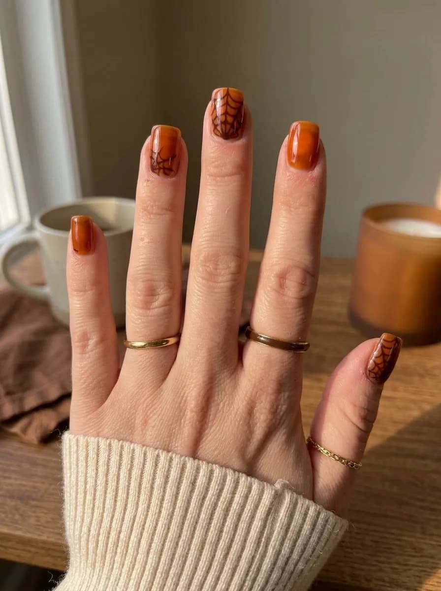 Glossy amber orange short square nails with dark brown spider web designs