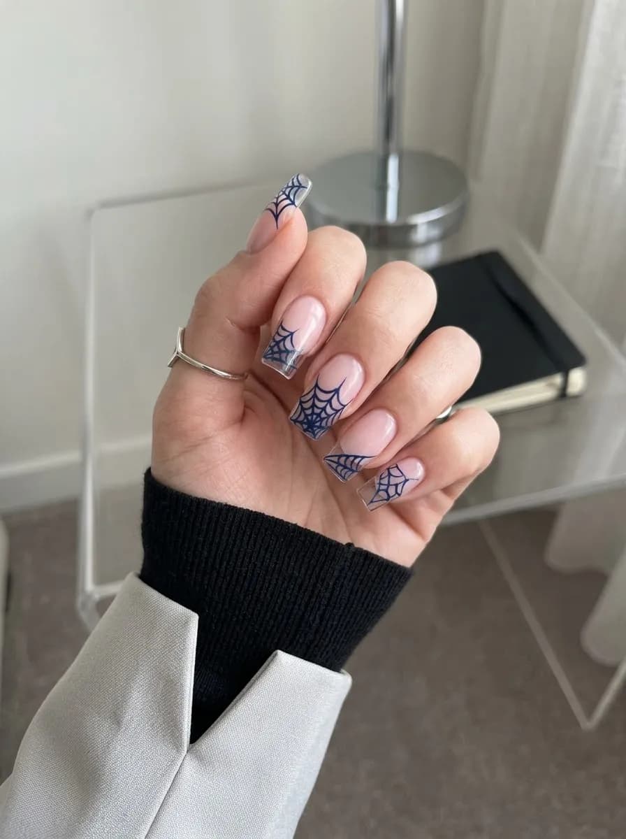 Clear and nude coffin nails with blue French tips featuring spider web designs