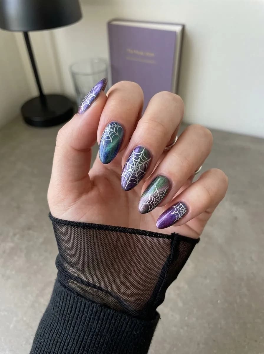 Iridescent purple and green shift almond nails with white spider web designs