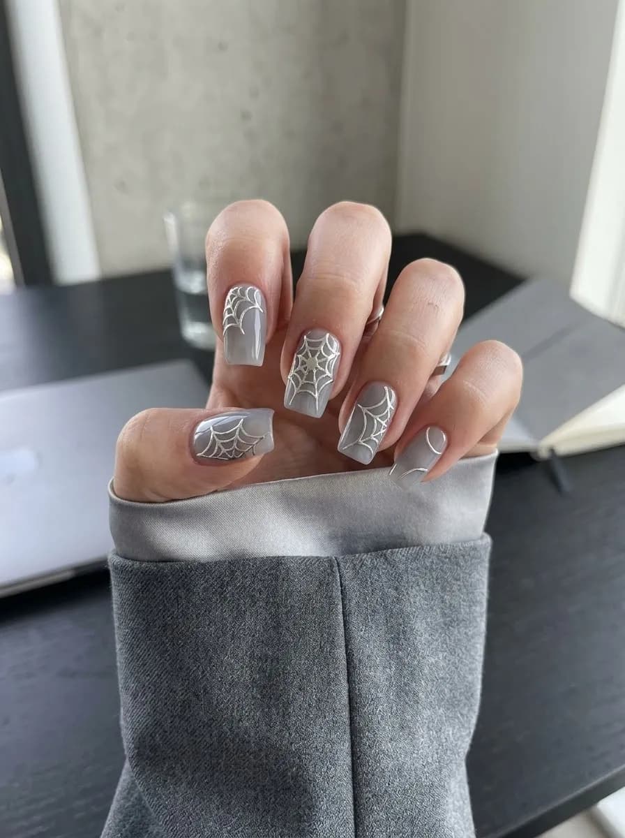 Grey taupe coffin nails with silver metallic spider web designs