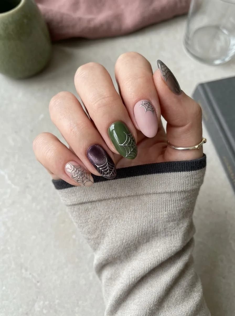 Mixed color almond nails in olive green, mauve pink, and burgundy with spider web designs