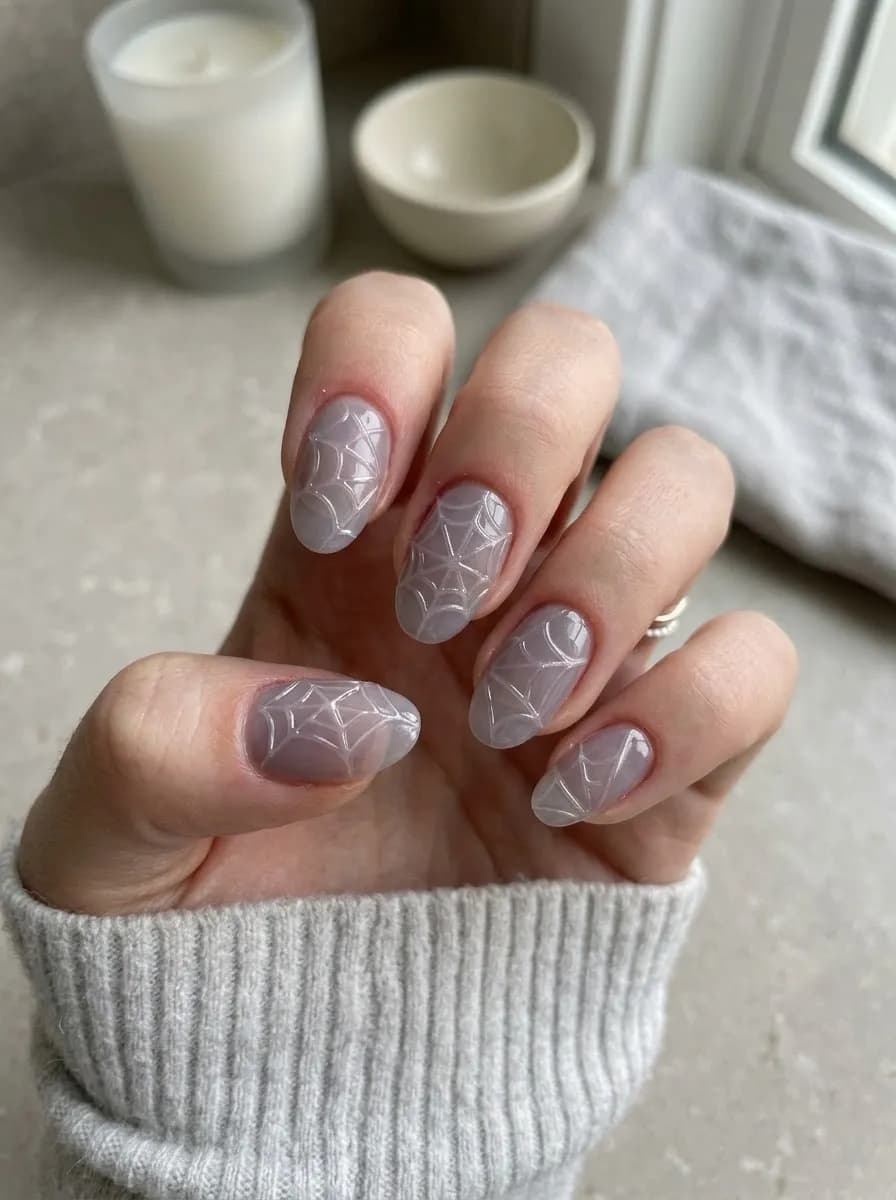 Sheer grey-lavender oval nails with white spider web designs