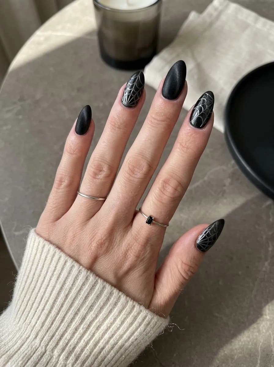 Matte black almond nails with white spider web designs on accent nails