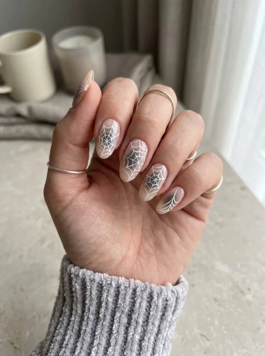 Nude almond nails with white spider web designs on each nail
