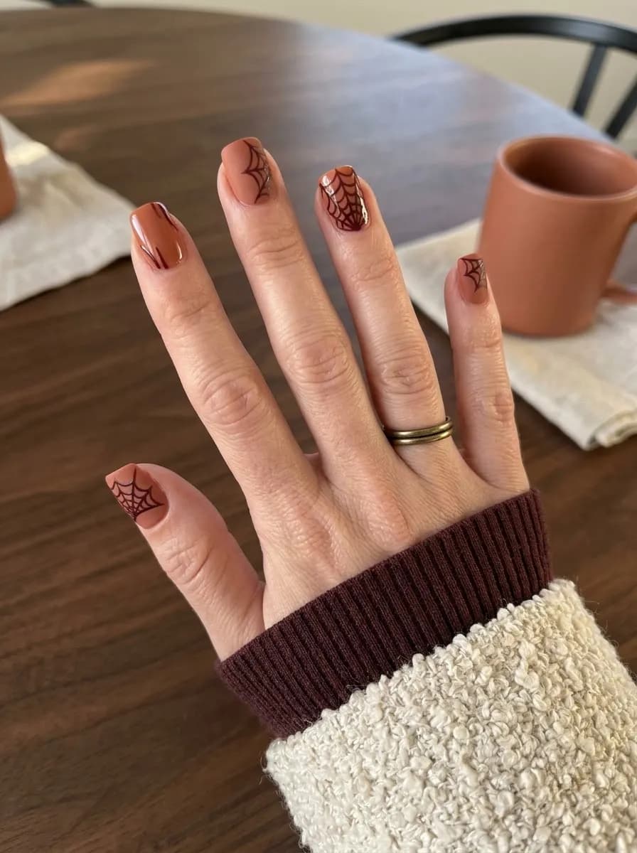 Rust terracotta short square nails with dark brown spider web designs