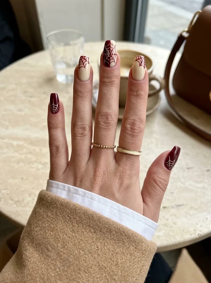 Alternating burgundy and cream almond nails with matching spider web designs