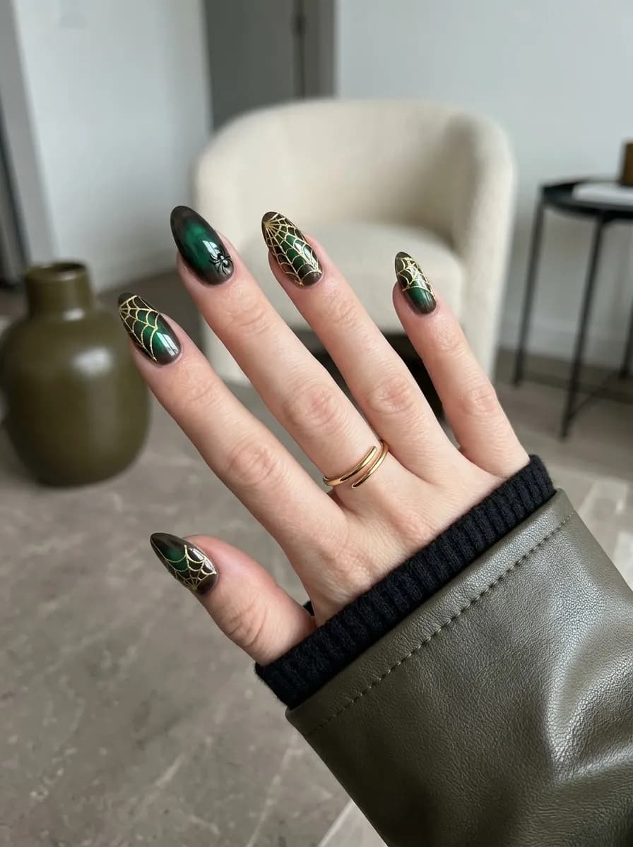 Dark emerald green chrome nails with gold chrome spider web designs and a small spider