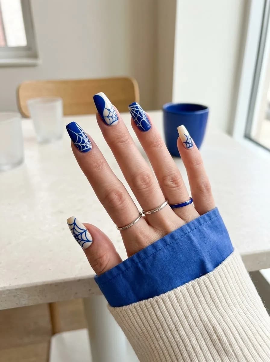 Blue and white coffin nails with spider web designs on each nail
