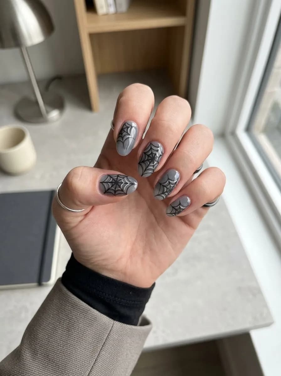 Grey almond nails with black spider web designs