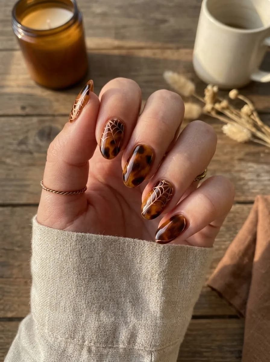 Tortoiseshell patterned almond nails with white spider web designs