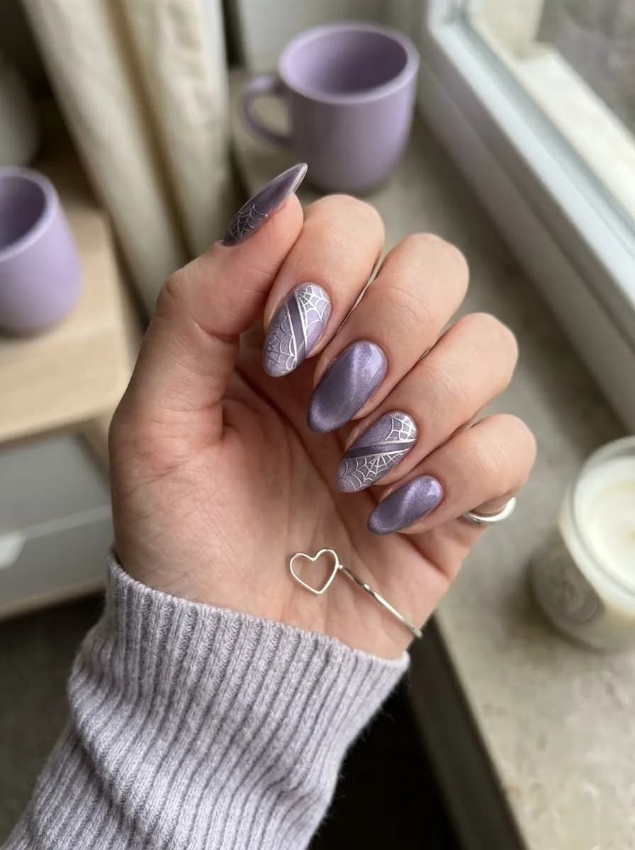 Lavender purple chrome nails with white spider web designs