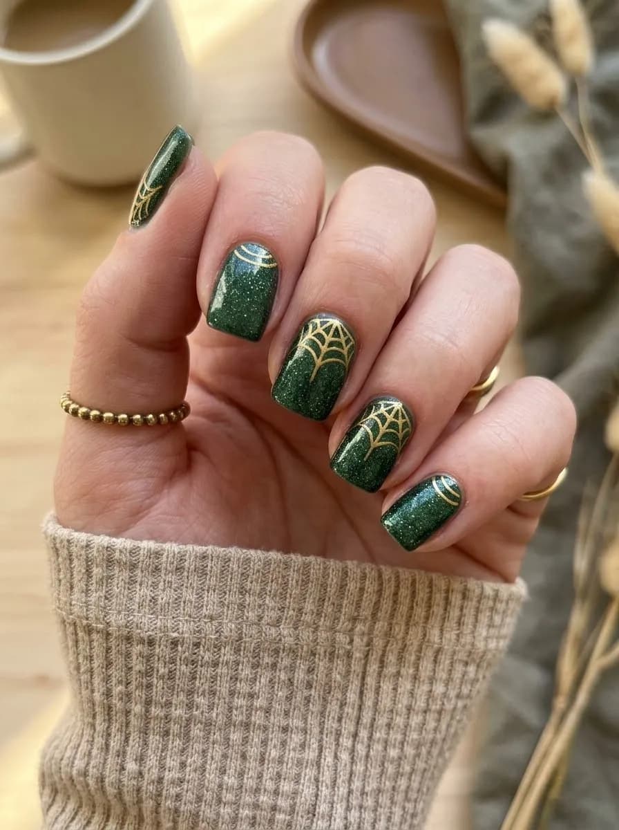 Sparkly dark green short square nails with gold spider web designs