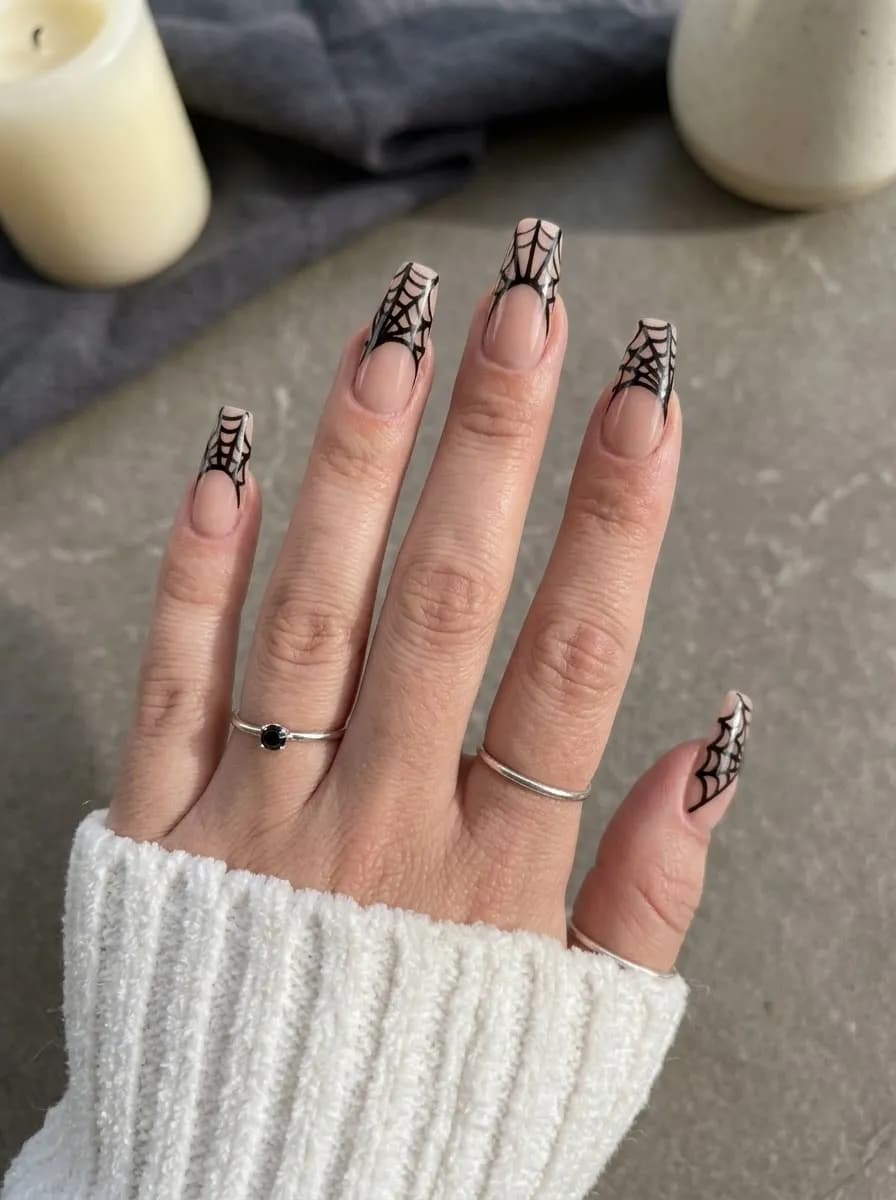 Nude coffin nails with black spider web designs on the French tip area