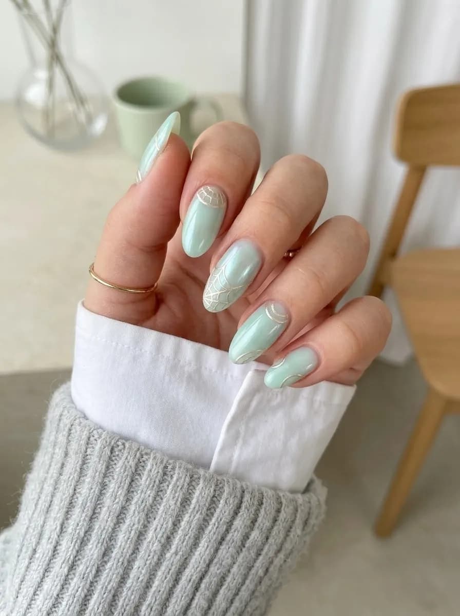 Sage green almond nails with delicate gold chrome spider web designs