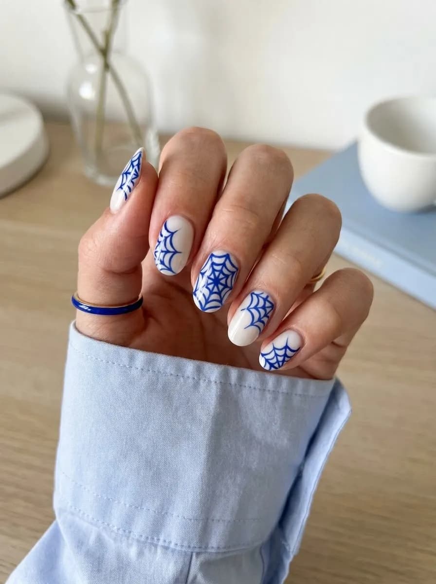 White almond nails with bold cobalt blue spider web designs