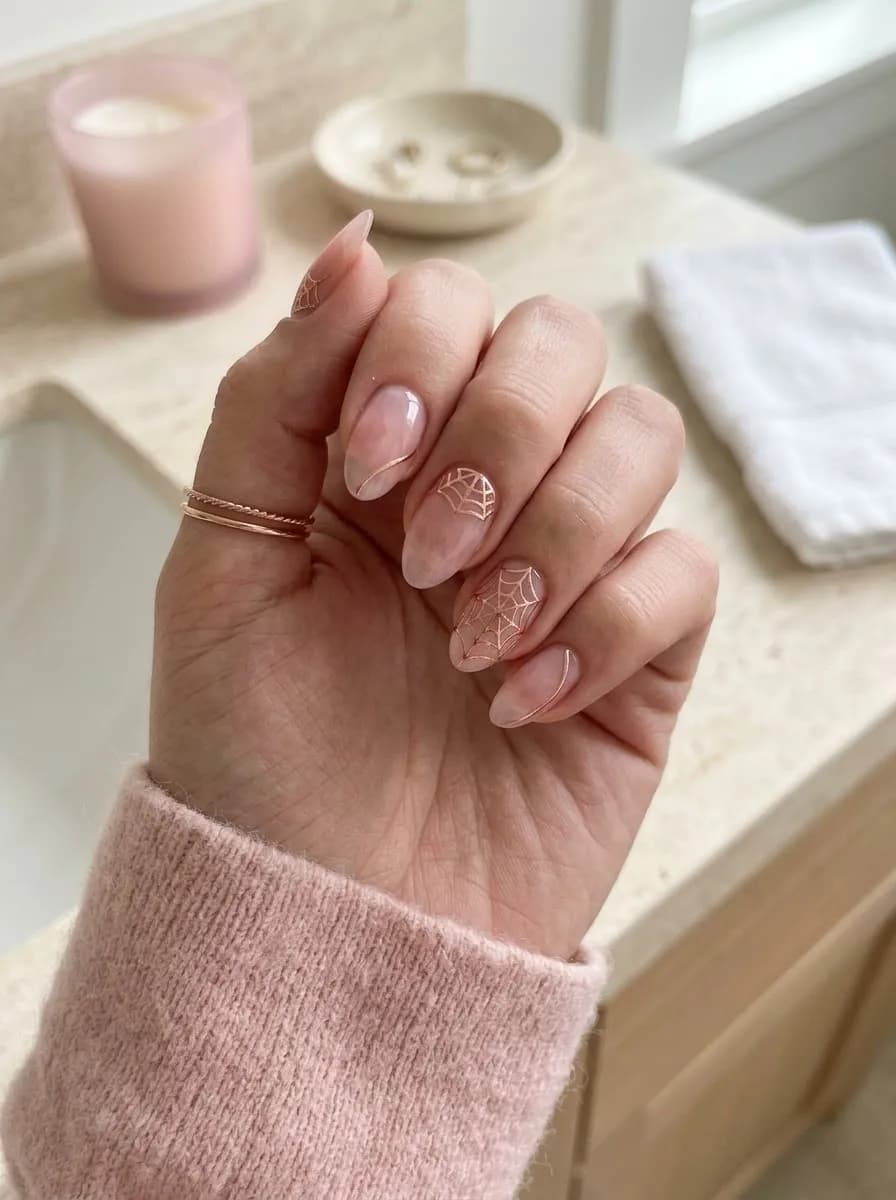 Nude almond nails with delicate rose gold spider web designs