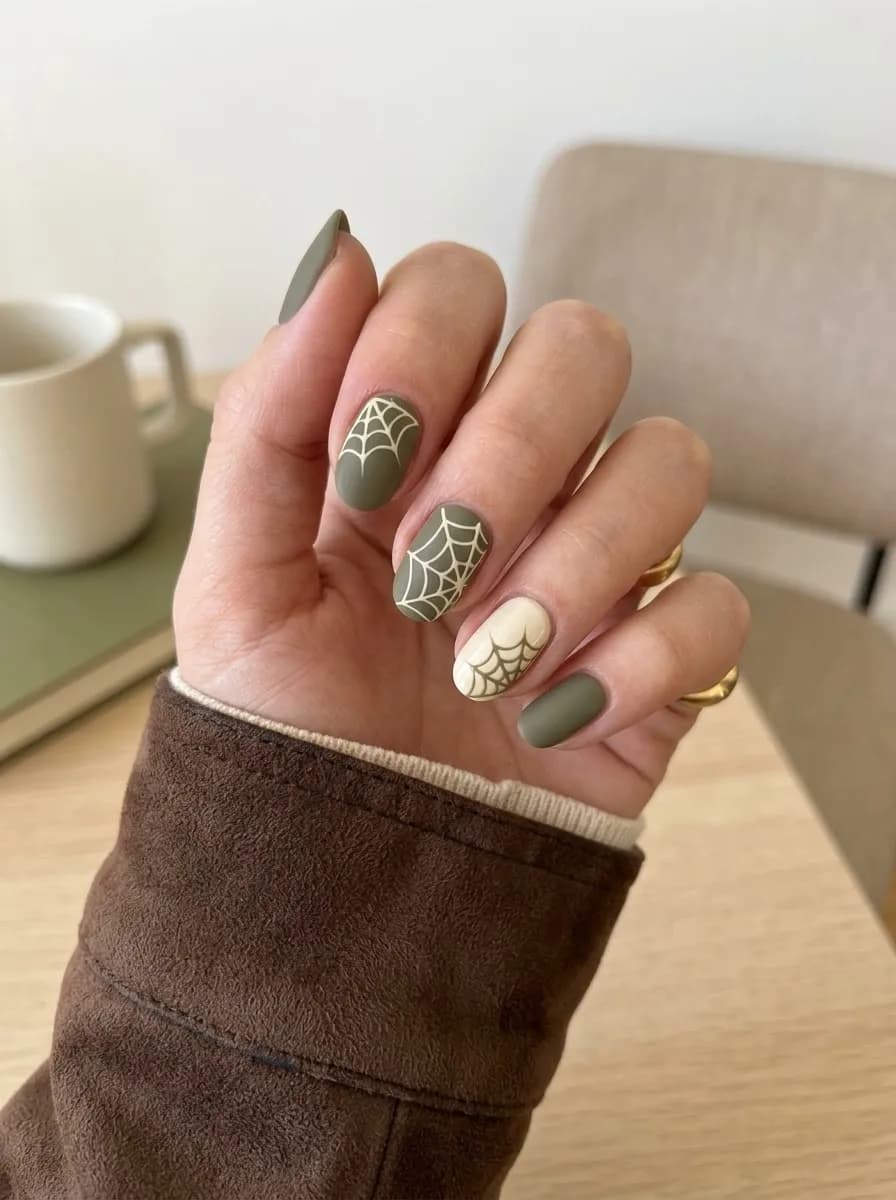 Olive green and cream nails with spider web designs on accent nails